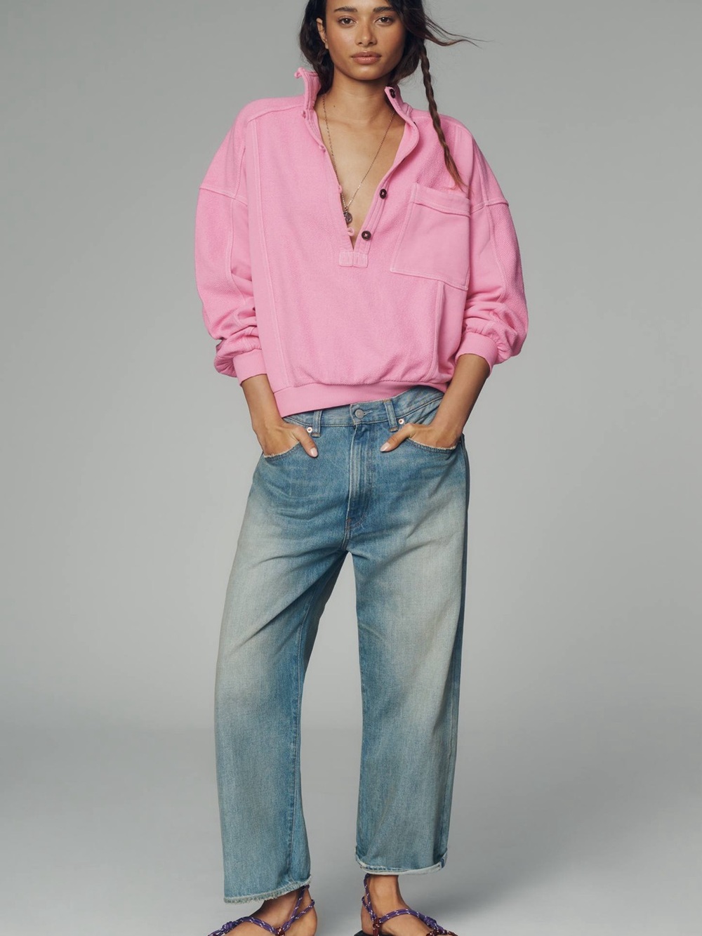 NWT Pilcro Anthropologie 100% Cotton Pink Button Front Popover Top Sweatshirt - Picture 8 of 8